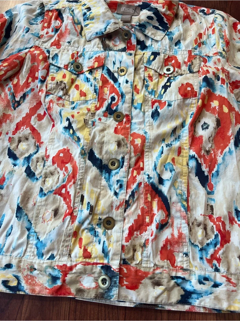 Chico's Multicolor Abstract Print Jean Jacket — Red, Blue & Yellow